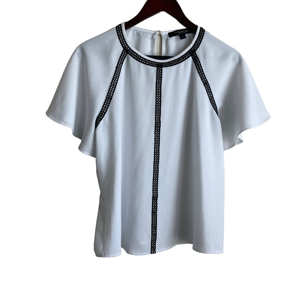 Marc New York‎ Women Boho Chic Flutter Sleeve Blouse L White Crochet Trim Top